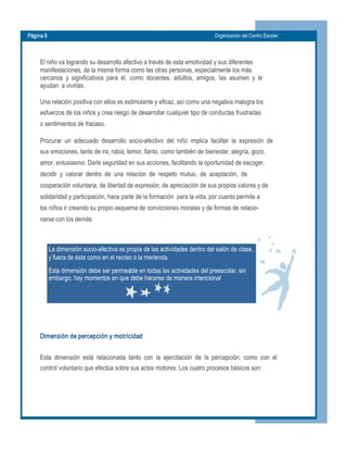 Página 9  Organización del Centro Escolar 
El niño va logrando su desarrollo afectivo a través de esta emotividad y sus diferentes 
manifestaciones, de la misma forma como las otras personas, especialmente los más 
cercanos  y  significativos  para  él,  como  docentes,  adultos,  amigos,  las  asumen  y  le 
ayudan  a vivirlas. 
Una relación positiva con ellos es estimulante y eficaz, así como una negativa malogra los 
esfuerzos de los niños y crea riesgo de desarrollar cualquier tipo de conductas frustradas 
o sentimientos de fracaso. 
Procurar  un  adecuado  desarrollo  socio­afectivo  del  niño  implica  facilitar  la  expresión  de 
sus emociones, tanto de ira, rabia, temor, llanto, como también de bienestar, alegría, gozo, 
amor, entusiasmo. Darle seguridad en sus acciones, facilitando la oportunidad de escoger, 
decidir  y  valorar  dentro  de  una  relación  de  respeto  mutuo,  de  aceptación,  de 
cooperación voluntaria, de libertad de expresión, de apreciación de sus propios valores y de 
solidaridad y participación, hace parte de la formación  para la vida, por cuanto permite a 
los niños ir creando su propio esquema de convicciones morales y de formas de relacio­ 
narse con los demás. 
La dimensión socio­afectiva es propia de las actividades dentro del salón de clase, 
y fuera de éste como en el recreo o la merienda. 
Esta dimensión debe ser permeable en todas las actividades del preescolar, sin 
embargo, hay momentos en que debe hacerse de manera intencional. 
Dimensión de percepción y motricidad 
Esta  dimensión  está  relacionada  tanto  con  la  ejercitación  de  la  percepción,  como  con  el 
control voluntario que efectúa sobre sus actos motores. Los cuatro procesos básicos son:
 