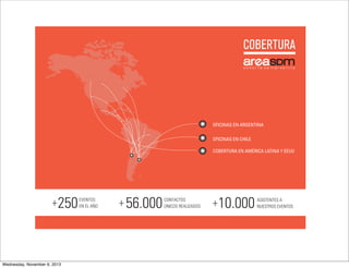 COBERTURA

OFICINAS EN ARGENTINA
OFICINAS EN CHILE
COBERTURA EN AMÉRICA LATINA Y EEUU

+ 250

EVENTOS
EN EL AÑO

+ 56.000

CONTACTOS
ÚNICOS REALIZADOS

A
+10.000 ASISTENTESEVENTOS
NUESTROS

 
