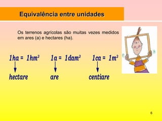 6Equivalência entre unidadesOs terrenos agrícolas são muitas vezes medidos em ares (a) e hectares (ha).                                        
