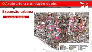 Expansão urbana
A rede urbana e as relações cidade.
Zonamento Horizontal
Estabelecimentos de comércio e serviços na Baixa do Porto, 2020
Fonte:
FERNANDES,
J.
A.
R.,
et
al
(2021).
A
Baixa
do
Porto:
Arquitetura
e
Geografia
Urbana,
Porto,
Book
Cover
Editora.
 
