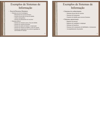 6
31
Exemplos de Sistemas de
Informação
– Área de Recursos Humanos:
• Sistemas em nível estratégico:
– Planejamento de recursos humanos
– Sistemas de previsão de força de trabalho
– Análises demográficas
– Sistemas de planejamento de sucessões
• Sistemas táticos:
– Sistemas de estimativas para a força de trabalho
– Sistemas de controle de posições
– Sistemas de análise de funções e compensação
– Sistemas de relações de trabalho e custo de contrato
– Sistemas de cumprimento de acordos de igualdade na
oportunidade de emprego
32
Exemplos de Sistemas de
Informação
• Sistemas de conhecimento:
– Sistemas de previsão de carreira
– Sistemas de treinamento
– Estações de trabalho para recursos humanos
• Sistemas operacionais:
– Registros de pessoal
– Registros de candidatos a empregos
– Sistemas de benefícios
– Sistemas de levantamento de habilidades e treinamento
– Acompanhamento de posições
 