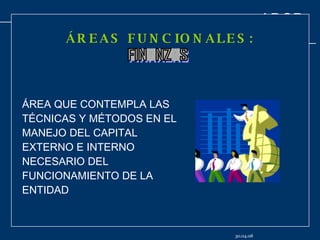 ÁREAS FUNCIONALES : ÁREA QUE CONTEMPLA LAS TÉCNICAS Y MÉTODOS EN EL MANEJO DEL CAPITAL EXTERNO E INTERNO NECESARIO DEL FUNCIONAMIENTO DE LA ENTIDAD 