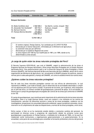 Las Áreas Naturales Protegidas del Perú                                            SINANPE


  Area Natural Protegida          Extensión (ha)      Ubicación      Año de establecimiento

Bosques Nacionales


44. Biabo-Cordillera Azul    2 068 508,5            San Martín, Loreto, Ucayali 1963
                           5
45. Alexander Von Humboldt     469 744,7            Huánuco, Ucayali            1965
46. Mariscal Cáceres           137 448,0            San Martín                  1963
47. Pastaza-Morona-Marañón     375 000,0            Loreto                      1963
                             3 050 701,2

Total                            12 941 481,4


 1
        El nombre original, Pampa Galeras, fue cambiado por D.S.Nº017-93-PCM
 2
        Declarada por el Sector Educación, refrendada por el Ministerio de Agricultura.
 3
        Su extensión está aún por definirse
 4
        Declarada por el Gobierno Regional de Loreto
 5
        Su área original (537 438 ha) fue modificada en 1981 y en 1989, donde se ha
        determinado su área actual)



¿A cargo de quién están las áreas naturales protegidas del Perú?

El Decreto Supremo Nº010-90-AG, que creó el SINANPE, asignó la administración de las áreas al
Programa Nacional de Parques Nacionales y Otras Areas Naturales Protegidas por el Estado (Parques
Nacionales-Perú). Esta posteriormente pasó a ser la Dirección General de Areas Protegidas y Fauna
Silvestre (DGAPFS), del Instituto Nacional de Recursos Naturales del Perú (INRENA), dentro de la nueva
organización del Ministerio de Agricultura. Así, actualmente la DGAPFS propone las políticas, planes y
normas para la adecuada gestión y manejo del SINANPE, así como el establecimiento de nuevas áreas.

¿Quiénes cuidan las áreas naturales protegidas?

Dos de cada tres áreas naturales protegidas cuentan con una oficina de administración, la cual
representa al INRENA, y por ende al Estado, para el desarrollo de las actividades destinadas a cumplir
con los objetivos para las que fueron creadas. El personal de las áreas, por lo general, está compuesto
por el jefe del área y un número variable de guardaparques y personal de apoyo. En la actualidad, se
estima que el cuerpo de guardaparques encargados del control de las áreas que conforman el SINANPE
es de 150.

El cuerpo de guardaparques, que constituye parte importante de la administración de las áreas naturales
protegidas, tiene a su cargo diversas tareas, como son conducir a los visitantes en los centros de
interpretación, patrullar los diferentes sectores o zonas de las áreas protegidas, colaborar con los
investigadores, proyectarse a la comunidad (educación ambiental, apoyo a proyectos comunales, otros),
intervenir en el cumplimiento de todas las disposiciones y normas de las áreas protegidas, entre otras.


Dicho cuerpo, si bien no se ha mantenido estable debido a constantes cambios del personal, ha
participado en diversos cursos o programas de capacitación (desde los primeros cursos para
guardaparques y guardacazas en Pampa Galeras, a mediados de la década de 1960), en los que han
colaborado varias instituciones y organizaciones gubernamentales y no gubernamentales. En la
actualidad, como parte de una estrategia para consolidar la formación profesional y técnica del personal

 Centro de Datos para la Conservación (CDC-UNALM)                                                     6
 