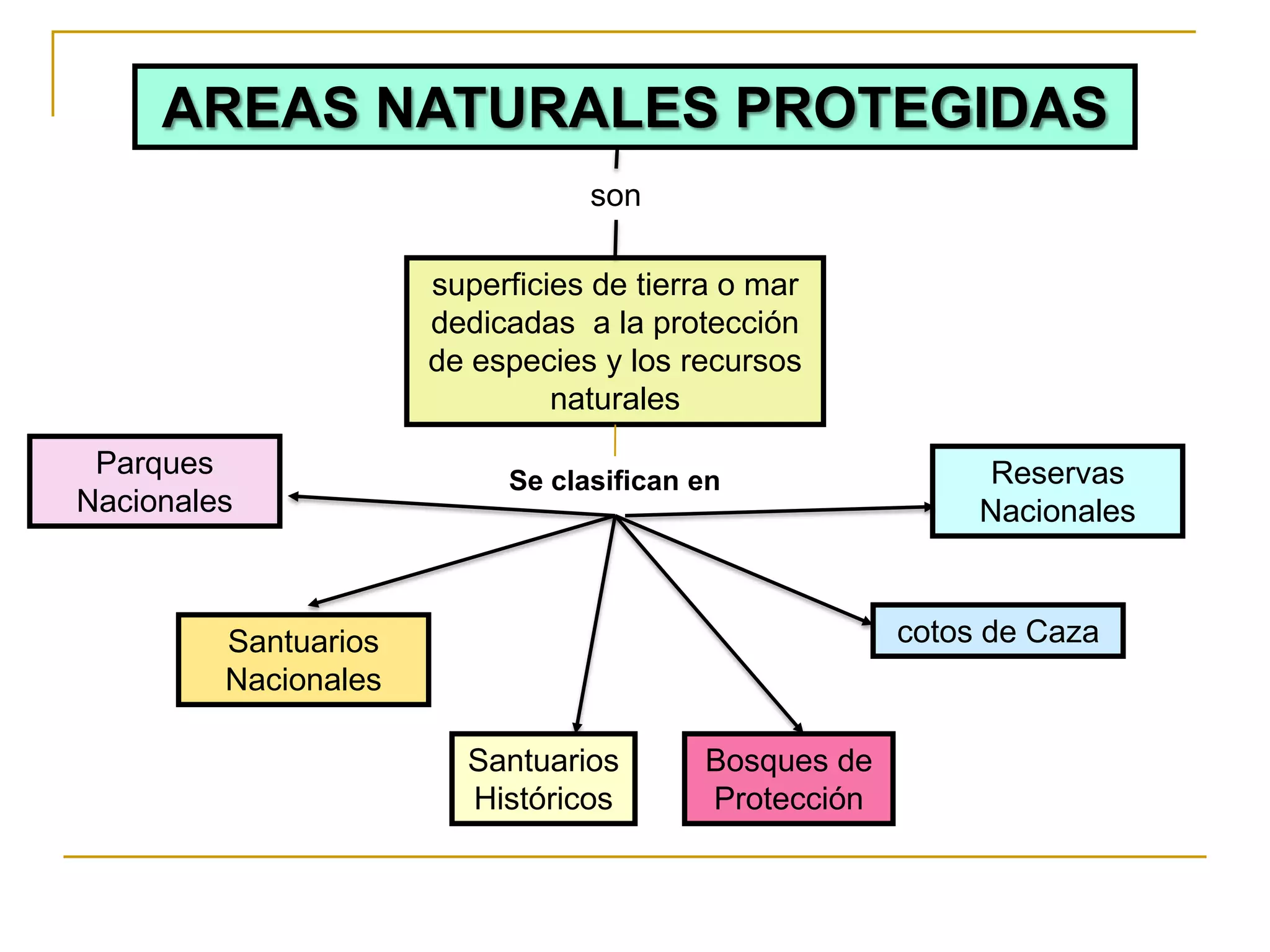 AREAS NATURALES PROTEGIDAS
                                 son

                      superficies de tierra o mar
                      dedicadas a la protección
                      de especies y los recursos
                               naturales

 Parques                                                    Reservas
                           Se clasifican en
Nacionales                                                  Nacionales



         Santuarios                                    cotos de Caza
         Nacionales

                        Santuarios        Bosques de
                        Históricos        Protección
 