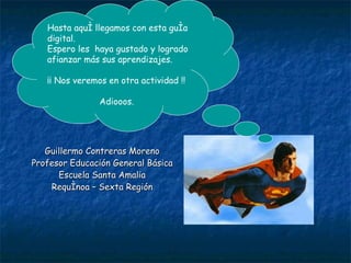 Guillermo Contreras Moreno Profesor Educación General Básica Escuela Santa Amalia Requínoa – Sexta Región Hasta aquí llegamos con esta guía digital. Espero les  haya gustado y logrado afianzar más sus aprendizajes. ¡¡ Nos veremos en otra actividad !! Adiooos.  