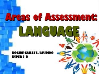 Areas of Assessment:Areas of Assessment:
LANGUAGELANGUAGE
Rogine Gaille L. LaurinoRogine Gaille L. Laurino
BSPED 2-BBSPED 2-B
 