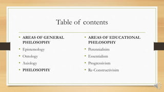 Table of contents
• AREAS OF GENERAL
PHILOSOPHY
• Epistemology
• Ontology
• Axiology
• PHILOSOPHY
• AREAS OF EDUCATIONAL
PHILOSOPHY
• Perennialisim
• Essentialism
• Progressivism
• Re-Constructivisim
 