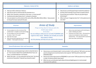 Areas of Study
Things to thing about to help you write this
Double page spread.
Remember….
You are telling us what you are currently PLANNING with
regard to these areas. Whether you actually you use/do
them doesn’t matter,
but this planning will help tell you, what to do in lessons.
Character, Context & Plot
 Have you toldus whatyour role(s) is.
 How doyou planto communicate thischaracterto us
 What’syour characters motivationinthe scene –or evenoverall?
 Couldyouwrite aboutStatushere? Linkingitto character
 Can youexplaintousthe contextof the scene,Why,WhoWhat Where When. How youplan
to linkperformance stylewiththe plot.
Structure
 Can you explain to us the structure of the
scene/scenes? Usingthe correct terminology.
 Can you explain to us the skillswithin –
narration –that’s if it’s used?
 Does the time jump?
 How will you plan for going from one scene to
another? Planningfor transitions.
Audience and Space
 How are you currently planningtoinvolve the audience?
 Do theyneedinvolving? Doyouhave to speaktothem?
 Do youhave any narration? How are youplanningon
deliveringit?
 Where will your‘imaginary class’be? Inthe audience orto
one side?
Improvisation
 How are you planningto use this technique in
order to develop you work?
 Could you do ‘off text’ work – likeimprovisea
scene at an allotment to look at status or
relationships. –this improvisation could bring
about new ideas and thinking.
Genre/Performance Style and Conventions
 What are youcurrently planninginorderto showthe Genre
of ‘’Our Country’sGood’Thiscouldbe Brechtianif you use
Titles,iscouldbe abstract if use Artaud
 What’sthe style – isit nonnaturalisticall the time? Are there
elementsof naturalism? Howwill youshowthisstyle?
Semiotics
 How are you currentlyplanningfor‘communication’tothe audience? Will actorsuse voice,
accentsand gesturestocommunicate certain aspects? Will theydothiswhenNOT
SPEAKINGLINES?
 How are you planningtoexamine PROXEMICSinyourscene? Will youplantotry 2 waysout
inorder to examine whichisbestlater?
 What are youcurrentlyplanningforMusic/Costume/Lightingwise to‘communicate’
meaningtothe audience.
 