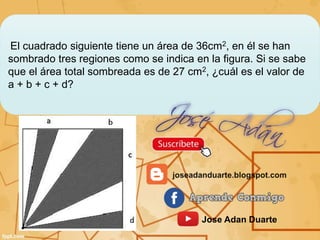 El cuadrado siguiente tiene un área de 36cm2, en él se han
sombrado tres regiones como se indica en la figura. Si se sabe
que el área total sombreada es de 27 cm2, ¿cuál es el valor de
a + b + c + d?
Jose Adan Duarte
 