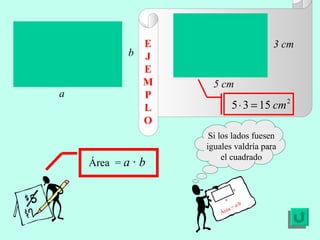 E J E MP L O Área  =  a · b b a Si los lados fuesen iguales valdría para el cuadrado Área = a·b a b 3 cm 5 cm 