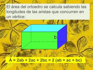 El área del ortoedro se calcula sabiendo las
longitudes de las aristas que concurren en
un vértice:




 Á = 2ab + 2ac + 2bc = 2 (ab + ac + bc)
 