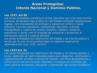 Áreas Protegidas:  Interés Nacional y Dominio Público. Ley 1333. Art 60 Las áreas protegidas constituyen áreas naturales con o sin intervención humana, declaradas bajo protección del Estado mediante disposiciones legales, con el propósito de proteger y conservar la flora y fauna silvestre, recursos genéticos, ecosistemas naturales, cuencas hidrográficas y valores de interés científico, estético, histórico, económico y social, con la finalidad de conservar y preservar el patrimonio natural y cultural del país. Las áreas protegidas son patrimonio del Estado y de interés público y social, por lo que se encuentran bajo un régimen especial de administración (Ley 1333. Art 61). Ley 1333 Art. 61 Las áreas Protegidas son patrimonio del Estado y de interés público y social, debiendo ser administradas según sus categorías, zonificación y reglamentación en base a planes de manejo, con fines de protección y conservación de sus recursos naturales, investigación científica, así como para la recreación, educación y promoción del turismo ecológico. 