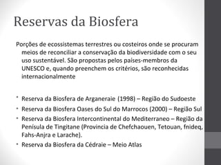 Reservas da Biosfera
Porções de ecossistemas terrestres ou costeiros onde se procuram
meios de reconciliar a conservação da biodiversidade com o seu
uso sustentável. São propostas pelos países-membros da
UNESCO e, quando preenchem os critérios, são reconhecidas
internacionalmente
• Reserva da Biosfera de Arganeraie (1998) – Região do Sudoeste
• Reserva da Biosfera Oases do Sul do Marrocos (2000) – Região Sul
• Reserva da Biosfera Intercontinental do Mediterraneo – Região da
Penísula de Tingitane (Provincia de Chefchaouen, Tetouan, fnideq,
Fahs-Anjra e Larache).
• Reserva da Biosfera da Cédraie – Meio Atlas

 
