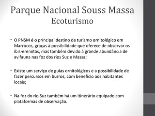 Parque Nacional Souss Massa
Ecoturismo
• O PNSM é o principal destino de turismo ornitológico em
Marrocos, graças à possibilidade que oferece de observar os
íbis-eremitas, mas também devido à grande abundância de
avifauna nas foz dos rios Suz e Massa;
• Existe um serviço de guias ornitológicos e a possibilidade de
fazer percursos em burros, com benefício aos habitantes
locais;
• Na foz do rio Suz também há um itinerário equipado com
plataformas de observação.

 