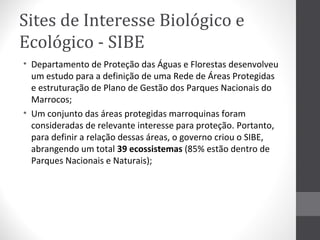 Sites de Interesse Biológico e
Ecológico - SIBE
• Departamento de Proteção das Águas e Florestas desenvolveu
um estudo para a definição de uma Rede de Áreas Protegidas
e estruturação de Plano de Gestão dos Parques Nacionais do
Marrocos;
• Um conjunto das áreas protegidas marroquinas foram
consideradas de relevante interesse para proteção. Portanto,
para definir a relação dessas áreas, o governo criou o SIBE,
abrangendo um total 39 ecossistemas (85% estão dentro de
Parques Nacionais e Naturais);

 