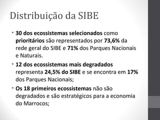 Distribuição da SIBE
• 30 dos ecossistemas selecionados como
prioritários são representados por 73,6% da
rede geral do SIBE e 71% dos Parques Nacionais
e Naturais.
• 12 dos ecossistemas mais degradados
representa 24,5% do SIBE e se encontra em 17%
dos Parques Nacionais;
• Os 18 primeiros ecossistemas não são
degradados e são estratégicos para a economia
do Marrocos;

 