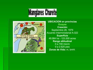 UBICACION en provincias Guayas Creación Septiembre 26, 1979 Acuerdo Interministerial A-322 Superficie 49.984 ha - 123.500 acres Rango altitudinal 0 a 700 msnm 0 a 2.625 pies Zonas de Vida:  m, bmht  