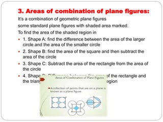 3. Areas of combination of plane figures:
It’s a combination of geometric plane figures
some standard plane figures with shaded area marked:
To find the area of the shaded region in
 1. Shape A: find the difference between the area of the larger
circle and the area of the smaller circle
 2. Shape B: find the area of the square and then subtract the
area of the circle
 3. Shape C: Subtract the area of the rectangle from the area of
the circle
 4. Shape D: Difference between the area of the rectangle and
the triangle gives the area of the shaded region
 