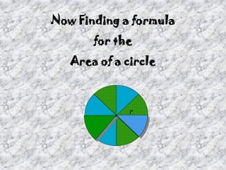 Now Finding a formula
for the
Area of a circle
 