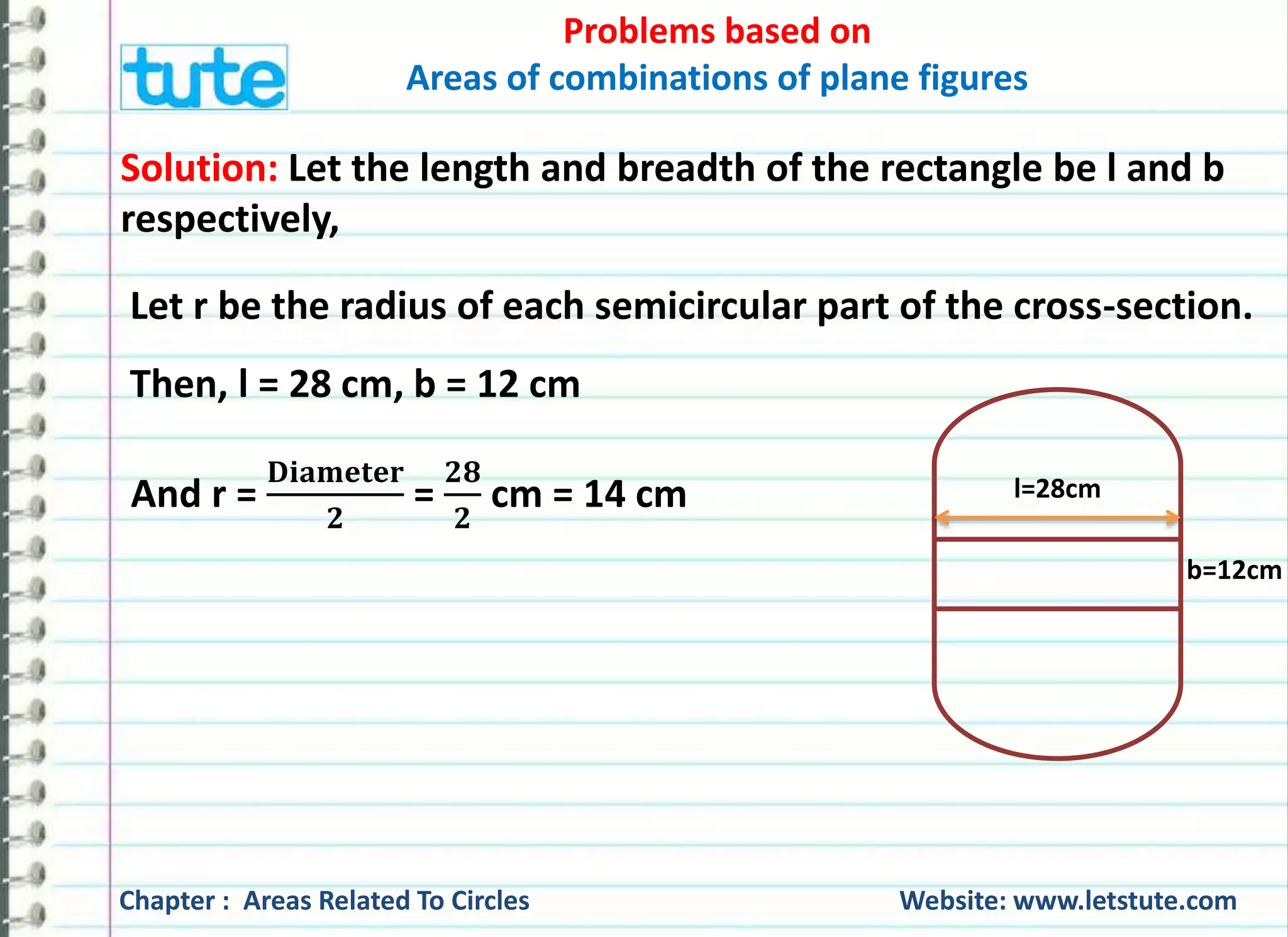 Problems based on 
Areas of combinations of plane figures 
Solution: Let the length and breadth of the rectangle be l and b 
respectively, 
Let r be the radius of each semicircular part of the cross-section. 
Then, l = 28 cm, b = 12 cm 
And r = 
퐃퐢퐚퐦퐞퐭퐞퐫 
ퟐ 
= 
ퟐퟖ 
ퟐ 
cm = 14 cm 
l=28cm 
b=12cm 
Chapter : Areas Related To Circles Website: www.letstute.com 
 