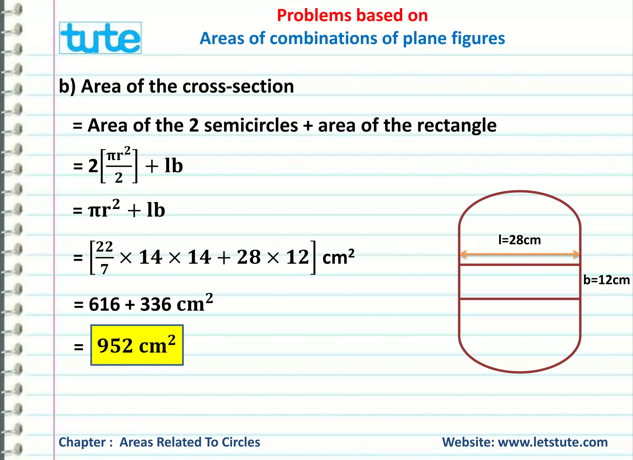Problems based on 
Areas of combinations of plane figures 
b) Area of the cross-section 
= Area of the 2 semicircles + area of the rectangle 
= 2 
훑퐫ퟐ 
ퟐ 
+ 퐥퐛 
= 훑퐫ퟐ + 퐥퐛 
= 
ퟐퟐ 
ퟕ 
× ퟏퟒ × ퟏퟒ + ퟐퟖ × ퟏퟐ cm2 
= 616 + 336 퐜퐦ퟐ 
= ퟗퟓퟐ 퐜퐦ퟐ 
l=28cm 
b=12cm 
Chapter : Areas Related To Circles Website: www.letstute.com 
 