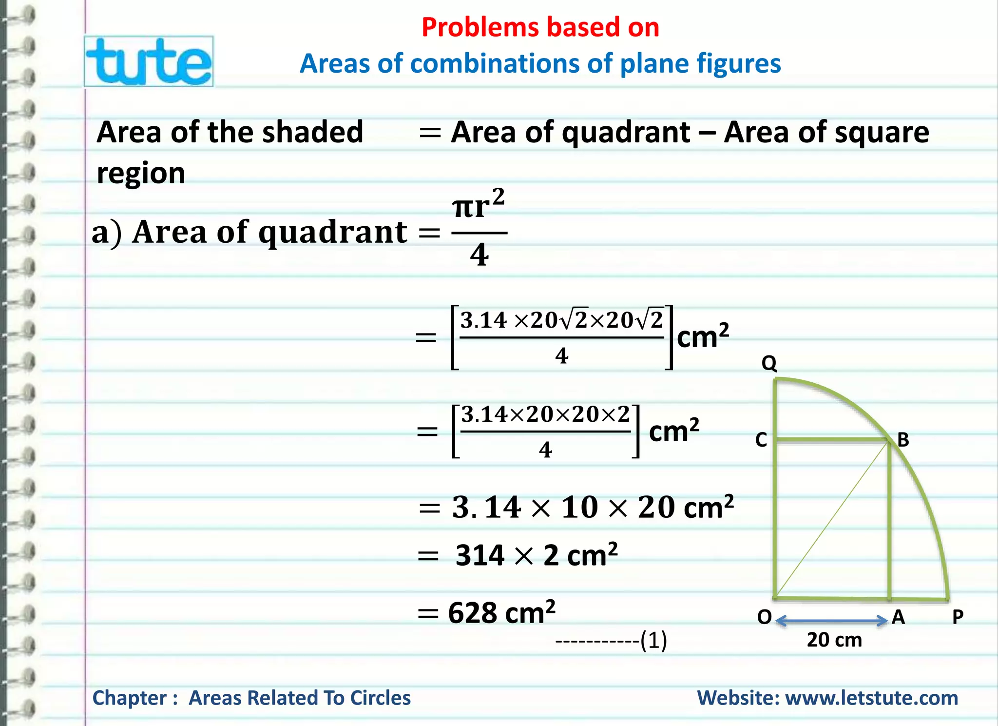Problems based on 
Areas of combinations of plane figures 
Area of the shaded = Area of quadrant – Area of square 
region 
퐚) 퐀퐫퐞퐚 퐨퐟 퐪퐮퐚퐝퐫퐚퐧퐭 = 
훑퐫ퟐ 
ퟒ 
= 
ퟑ.ퟏퟒ ×ퟐퟎ ퟐ×ퟐퟎ ퟐ 
ퟒ 
cm2 
Q 
ퟑ. ퟏퟒ × ퟐퟎ × ퟐퟎ × ퟐ 
cm2 
= C B 
O A P 
20 cm 
ퟒ 
= ퟑ. ퟏퟒ × ퟏퟎ × ퟐퟎ cm2 
= 314 × 2cm2 
= 628 cm2 
-----------(1) 
Chapter : Areas Related To Circles Website: www.letstute.com 
 