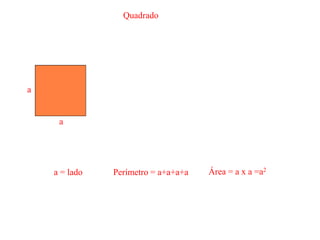 Quadrado
a
a
a = lado Perímetro = a+a+a+a Área = a x a =a2
 