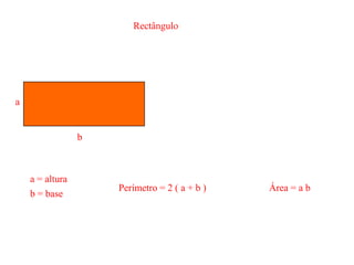 a
b
a = altura
b = base
Perímetro = 2 ( a + b ) Área = a b
Rectângulo
 