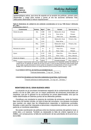 epidemiológica activa, que sirva de soporte en la revisión de políticas, primero para
 desarrollar, y luego para revisar y poner al día las acciones sanitarias más
 adecuadas destinadas a reducir exposicionesiii.

Tabla II: Estándares de calidad de aire ambiente considerados en la Ley 1356 Anexo I (Artículos
65° y 66°)
Contaminantes criterio (*)
          Contaminante                Símbolo     Mg/m3       Ppm                  Período         Tipo de norma
Dióxido de azufre                        SO2       0.080       0.03           Media aritm. Anual      Primario
                                                   0.365       0.14              Prom. 24 hs.         Primario
                                                    1.3         0.50              Prom. 3 hs         Secundario
Material particulado en suspensión       PM10      0.050                      Media aritm. Anual   Primario y Sec.
                                                   0.15                          Prom. 24 hs.
                                         PM2.5     0.015                      Media aritm. Anual   Primario y Sec.
                                                   0.065                       Promedio 24 hs.
Monóxido de carbono                       CO        10              9            Prom. 8 hs.          Primario
                                                    40          35               Prom. 1 hora         Primario
Ozono                                     O3       0.157       0.08               Prom 8 hs.       Prim. y Secund.
                                                   0.235       0.12              Prom. 1 hora      Prim. y Secund.
Dióxido de nitrógeno                     NO2       0.100       0.053          Media aritm. anual   Prim. y secund.
Plomo                                    Pb       0.0015                  Promedio trimestral      Prim. y secund.
    (*) Aquellos contaminantes sobre los que existe amplio conocimiento en el desarrollo científico de criterios de
    calidad de aire. El estándar de calidad de aire para el ozono (1 hora) se aplica solamente a determinadas áreas
    en las cuales no podía alcanzarse la misma cuando fue adoptada la correspondiente a 8 horas en julio de 1997.
    Fuente: EPA 1998 National Ambient Air Quality Standards (Environmental Protection Agency – USA)


    FLUJO MÁSICO VERTICAL DE PARTÍCULAS SEDIMENTABLES
                                 Partículas Sedimentables    1 mg / cm2       30 días


    CONCENTRACIÓN MÁSICA DE FRACCIÓN CARBONOSA EN MATERIAL PARTICULADO
                       Fracción carbonosa en material particulado       0.1 mg / cm3    24 horas




   MONITOREO EN EL GRAN BUENOS AIRES
    La situación en el conurbano bonaerense respecto de la contaminación del aire es
similar a la de la CBA, pero con un mayor predominio de emisiones producidas por
industrias, que por lo general no se concentran en zonas determinadas, sino que se
hallan diseminadas en distintos puntos de los diferentes partidos.
     Constituye una constante la carencia de controles de emisiones, tanto de fuentes
fijas como de fuentes móviles, en todo el área del conurbano. Los escasos municipios
que cuentan con algún tipo de infraestructura responden a mediciones puntuales,
llevadas a cabo para dar respuesta a denuncias o requisitorias públicas, pero no como
parte de un monitoreo sistemático.
    No existe coordinación de políticas entre los diversos sectores del gobierno local, y
entre éste y el nacional. También es destacable la falta de criterio regional en el
AMBA, y en consecuencia, la falta de coordinación de las autoridades de la provincia y
de la CBA.
 