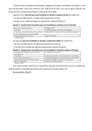 Atualmente são as assembleias (da República e Regionais dos Açores e da Madeira) que legislam a cate-
goria das povoações, tendo como referência o DL 11/82 de 02 de junho. Este enuncia alguns requisitos que
devem presidir à elevação das povoações à categoria de vila e cidade.
      Segundo a lei os requisitos para uma localidade ser elevada à categoria de vila são (artigo 12º):
      - ter mais de 3 000 eleitores, em aglomerado populacional contínuo;
      - ter pelo menos metade dos seguintes equipamentos coletivos (Quadro 2).

      Quadro 2 - Equipamentos necessários para uma localidade ser elevada a vila em Portugal




      Os requisitos para uma localidade ser elevada à categoria de cidade são (artigo 13º).:
      - Ter mais de 8 000 eleitores, em aglomerado populacional contínuo;
      - E ter pelo menos metade dos seguintes equipamentos coletivos (Quadro3).
      Quadro 3 - Equipamentos necessários para uma localidade ser elevada a cidade em Portugal




      A lei reserva contudo o direito a que «importantes razões de natureza histórica, cultural e arquitetónica
poderão justificar uma ponderação diferente dos requisitos enumerados (artigo 14º).
      Ver manual Doc. 2 Pág. 77
 