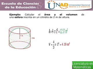 Ejemplo: Calcular el área y el volumen de
una esfera inscrita en un cilindro de 2 m de altura.
 
