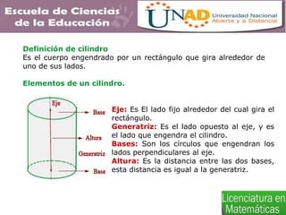 Definición de cilindro
Es el cuerpo engendrado por un rectángulo que gira alrededor de
uno de sus lados.
Elementos de un cilindro.
Eje: Es El lado fijo alrededor del cual gira el
rectángulo.
Generatriz: Es el lado opuesto al eje, y es
el lado que engendra el cilindro.
Bases: Son los círculos que engendran los
lados perpendiculares al eje.
Altura: Es la distancia entre las dos bases,
esta distancia es igual a la generatriz.
 