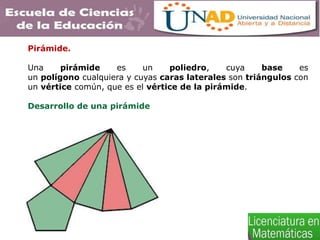 Pirámide.
Una pirámide es un poliedro, cuya base es
un polígono cualquiera y cuyas caras laterales son triángulos con
un vértice común, que es el vértice de la pirámide.
Desarrollo de una pirámide
 