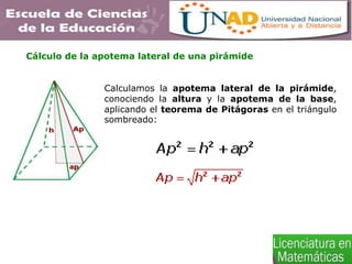 Cálculo de la apotema lateral de una pirámide
Calculamos la apotema lateral de la pirámide,
conociendo la altura y la apotema de la base,
aplicando el teorema de Pitágoras en el triángulo
sombreado:
 