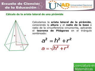 Cálculo de la arista lateral de una pirámide
Calculamos la arista lateral de la pirámide,
conociendo la altura y el radio de la base o
radio de la circunferencia circunscrita, aplicando
el teorema de Pitágoras en el triángulo
sombreado:
 
