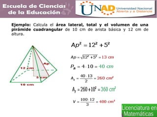 Ejemplo: Calcula el área lateral, total y el volumen de una
pirámide cuadrangular de 10 cm de arista básica y 12 cm de
altura.
 