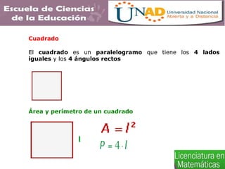 Cuadrado
El cuadrado es un paralelogramo que tiene los 4 lados
iguales y los 4 ángulos rectos
Área y perímetro de un cuadrado
 
