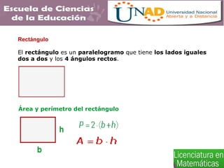 Rectángulo
El rectángulo es un paralelogramo que tiene los lados iguales
dos a dos y los 4 ángulos rectos.
Área y perímetro del rectángulo
 