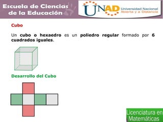 Cubo
Un cubo o hexaedro es un poliedro regular formado por 6
cuadrados iguales.
Desarrollo del Cubo
 