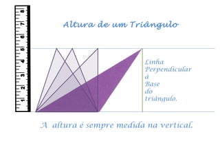Altura de um Triângulo A  altura é sempre medida na vertical. Linha  Perpendicular  à  Base  do  triângulo. 