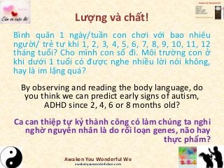 Lượng và chất!
Bình quân 1 ngày/tuần con chơi với bao nhiêu
người/ trẻ tư khi 1, 2, 3, 4, 5, 6, 7, 8, 9, 10, 11, 12
tháng tuổi? Cho mình con số đi. Môi trường con ở
khi dưới 1 tuổi có được nghe nhiều lời nói không,
hay là im lặng quá?
By observing and reading the body language, do
you think we can predict early signs of autism,
ADHD since 2, 4, 6 or 8 months old?
Ca can thiệp tự kỷ thành công có làm chúng ta nghi
nghờ nguyên nhân là do rối loạn genes, não hay
thực phẩm?
Awaken You Wonderful We
awakenyouwonderfulwe.com
 