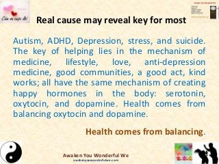Real cause may reveal key for most
Autism, ADHD, Depression, stress, and suicide.
The key of helping lies in the mechanism of
medicine, lifestyle, love, anti-depression
medicine, good communities, a good act, kind
works; all have the same mechanism of creating
happy hormones in the body: serotonin,
oxytocin, and dopamine. Health comes from
balancing oxytocin and dopamine.
Health comes from balancing.
Awaken You Wonderful We
awakenyouwonderfulwe.com
 