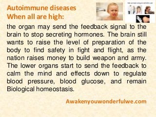 Autoimmune diseases
When all are high:
the organ may send the feedback signal to the
brain to stop secreting hormones. The brain still
wants to raise the level of preparation of the
body to find safety in fight and flight, as the
nation raises money to build weapon and army.
The lower organs start to send the feedback to
calm the mind and effects down to regulate
blood pressure, blood glucose, and remain
Biological homeostasis.
Awakenyouwonderfulwe.com
 