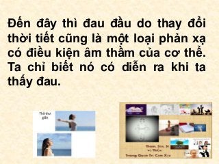 Đến đây thì đau đầu do thay đổi
thời tiết cũng là một loại phản xạ
có điều kiện âm thầm của cơ thể.
Ta chỉ biết nó có diễn ra khi ta
thấy đau.
 