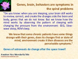 Genes, brain, behaviors are symptoms in
the spiral problems
"Do you know: when you are sleeping, your brain still works
to review, correct, and create the changes side the brain and
body, genes that we do not know. But we know how the
mind works by observing the pattern of sleeping with
changing the pressure from the environment: EEG, Slow-
wave sleep, REM sleep.
We know that some chronic patients have some things
strange with their genes, does its changes first or state of
mind, environment create it then diseases are the
perceivable symptoms.“
Genes of astronauts do change after the space travel!
Awaken You Wonderful We
Awakenyouwonderfulwe.com
 