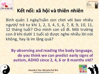 Kết nối: xã hội và thiên nhiên
Bình quân 1 ngày/tuần con chơi với bao nhiêu
người/ trẻ tư khi 1, 2, 3, 4, 5, 6, 7, 8, 9, 10, 11,
12 tháng tuổi? Cho mình con số đi. Môi trường
con ở khi dưới 1 tuổi có được nghe nhiều lời nói
không, hay là im lặng quá?
By observing and reading the body language,
do you think we can predict early signs of
autism, ADHD since 2, 4, 6 or 8 months old?
Awaken You Wonderful We
awakenyouwonderfulwe.com
 