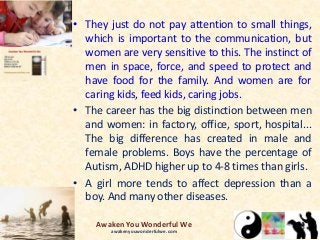 • They just do not pay attention to small things,
which is important to the communication, but
women are very sensitive to this. The instinct of
men in space, force, and speed to protect and
have food for the family. And women are for
caring kids, feed kids, caring jobs.
• The career has the big distinction between men
and women: in factory, office, sport, hospital...
The big difference has created in male and
female problems. Boys have the percentage of
Autism, ADHD higher up to 4-8 times than girls.
• A girl more tends to affect depression than a
boy. And many other diseases.
Awaken You Wonderful We
awakenyouwonderfulwe.com
 