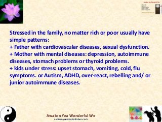 Stressed in the family, no matter rich or poor usually have
simple patterns:
+ Father with cardiovascular diseases, sexual dysfunction.
+ Mother with mental diseases: depression, autoimmune
diseases, stomach problems or thyroid problems.
+ kids under stress: upset stomach, vomiting, cold, flu
symptoms. or Autism, ADHD, over-react, rebelling and/ or
junior autoimmune diseases.
Awaken You Wonderful We
awakenyouwonderfulwe.com
 