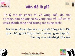 Vấn đề là gì?
Tự kỷ mà do genes thì vô vọng. Nếu do môi
trường, đau nhưng có hy vọng cứu trẻ, ĐÃ có ca
chữa thành công nhờ tương tác đúng cách!
Trẻ tự kỷ, được dạy và chơi, nuôi đúng cách. Kết
quả: chúng nói được bình thường, giao tiếp tốt.
Trẻ này còn vấn đề gì nữa ko?
Awaken You Wonderful We
awakenyouwonderfulwe.com
 