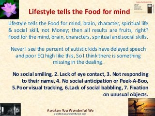 Lifestyle tells the Food for mind
Lifestyle tells the Food for mind, brain, character, spiritual life
& social skill, not Money; then all results are fruits, right?
Food for the mind, brain, characters, spiritual and social skills.
Never I see the percent of autistic kids have delayed speech
and poor EQ high like this, So I think there is something
missing in the dealing.
No social smiling, 2. Lack of eye contact, 3. Not responding
to their name, 4. No social anticipation or Peek-A-Boo,
5.Poor visual tracking, 6.Lack of social babbling, 7. Fixation
on unusual objects.
Awaken You Wonderful We
awakenyouwonderfulwe.com
 
